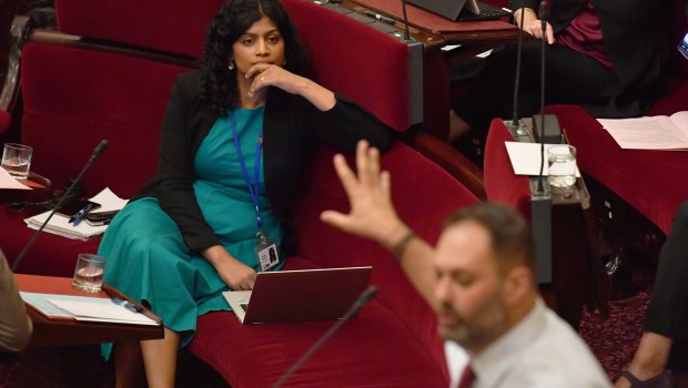 Greens leader Samantha Ratnam (left) listens as Labor's Philip Dalidakis defends the Apple store in Parliament. 