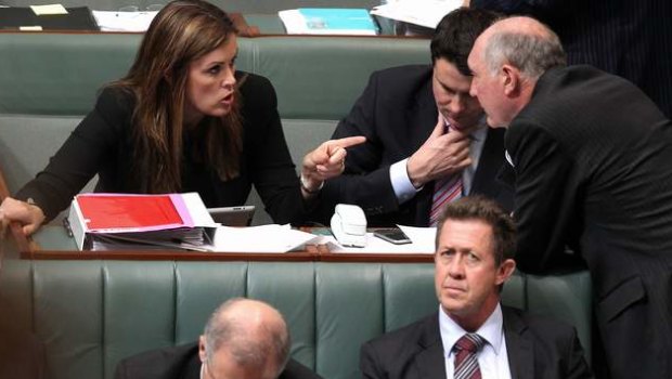 Peta Credlin talks to Liberal MPs during Question Time when she was Tony Abbott's chief-of-staff.