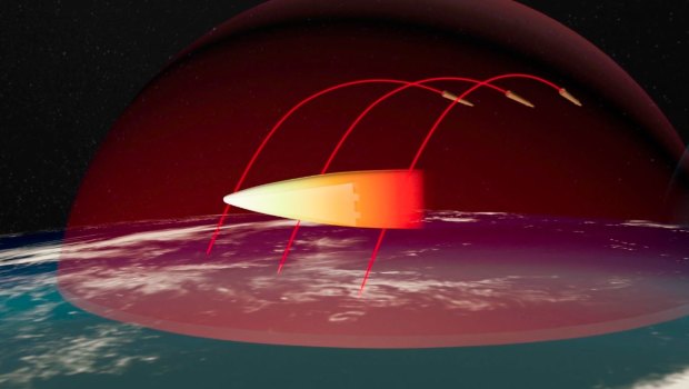 Part of a computer simulation Putin presented during the campaign showing a hypersonic weapon bypassing missile defences en route to target. 