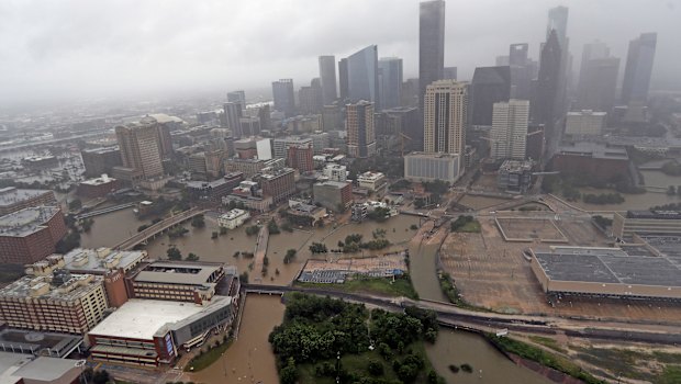 Highways around downtown Houston are empty as floodwaters from Tropical Storm Harvey overflow from the bayous around the city in Houston in August 2017.