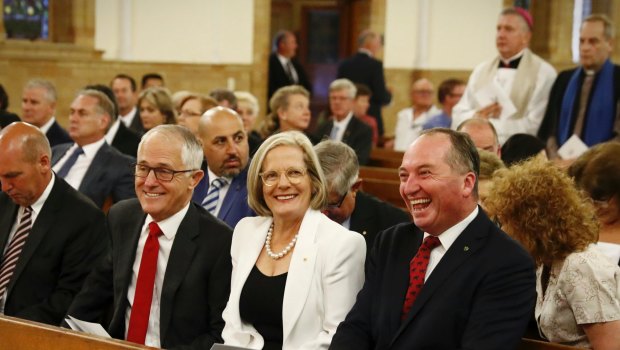Prime Minister Malcolm Turnbull, Lucy Turnbull and Deputy Prime Minister Barnaby Joyce at a church service in Canberra earlier this month.