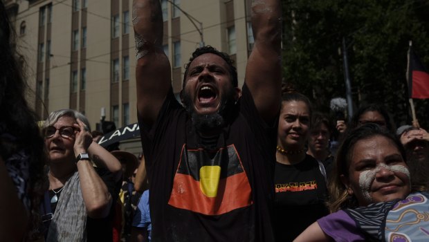 An 'invasion day' protester in Melbourne.