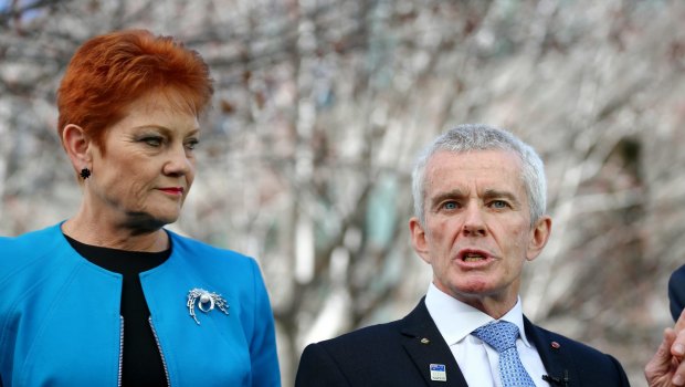 One Nation Senator Pauline Hanson with the party's Queensland candidate Malcolm Roberts.