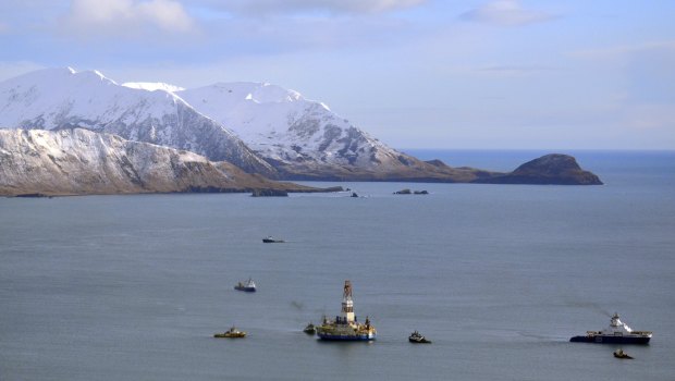 A gas drill rig floating in Alaska's Kiliuda Bay.