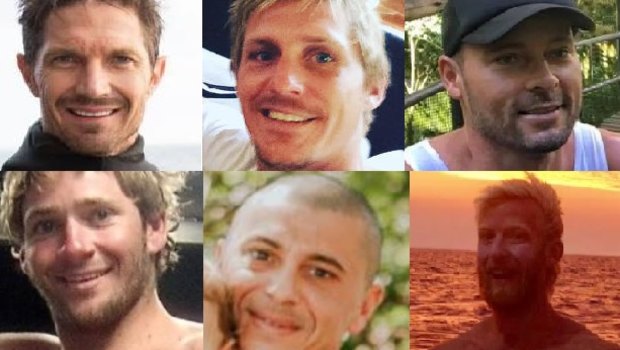 The six missing fishermen from the trawler Dianne (left to right). Top: Ben Leahy, Adam Hoffman and Eli Tonks. Bottom: Zachary Feeney, Chris Sammut and Adam Bidner.