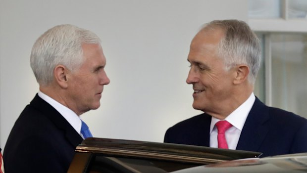 Australian Prime Minister Malcolm Turnbull is escorted by Vice President Mike Pence after his meetings at the White House.