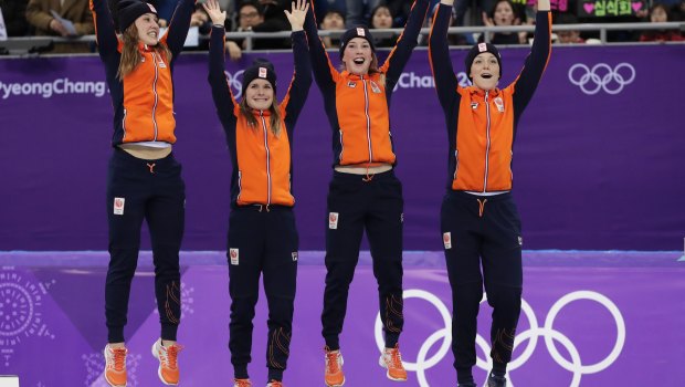 Unlikely bronze: The Netherlands team celebrates.