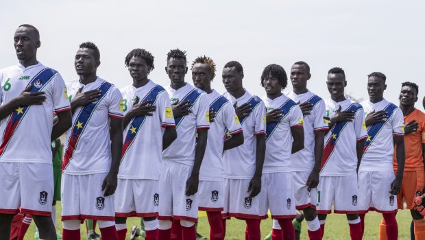 The South Sudan team in their change strip. 