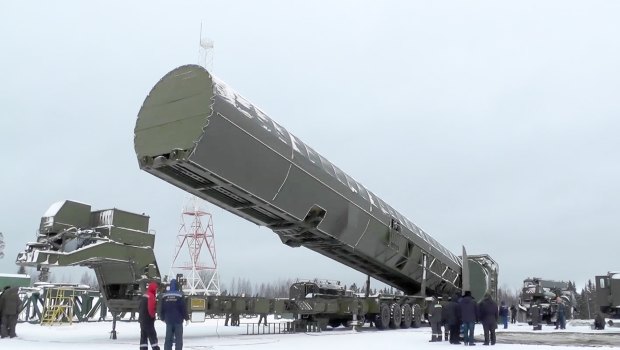 Russia's new Sarmat intercontinental missile is shown on video at an undisclosed location in Russia. 