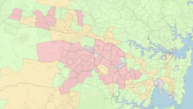 A map shows high-risk areas for problem gambling and social disadvantage (shaded red) in Sydney where new poker machine licences will be frozen under reforms introduced by the state government.