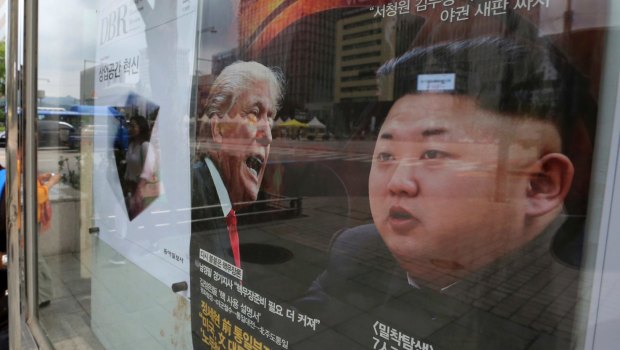 A magazine cover featuring US President Donald Trump and North Korean leader Kim Jong-un is promoted in South Korea.