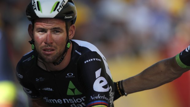 Cavendish is often in the wars. Here he is post-crash in the 2017 Tour de France. 