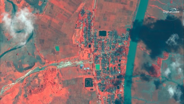 Infrared satellite image shows an aerial overview of the village of Gu Dar Pyin, Myanmar, another village with mass graves like those in Inn Din.