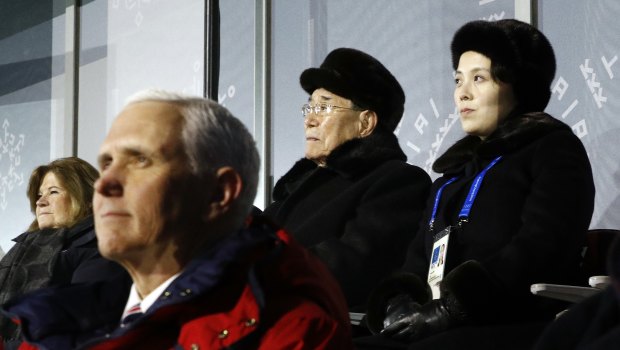 Kim Yo Jong, top right, sister of North Korean leader Kim Jong-un, sits alongside Kim Yong-nam, president of the Presidium of North Korean Parliament, and behind US Vice-President Mike Pence as she watches the opening ceremony.