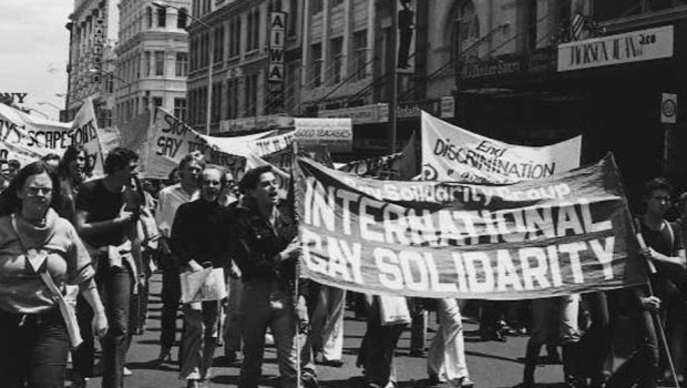 The morning march of the of the 1978 Mardi Gras Gay Solidarity Group protests in Sydney, Saturday, June 24, 1978.