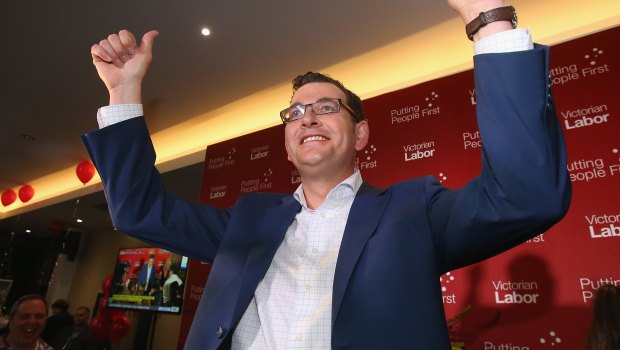 Daniel Andrews celebrates his election win in November 2014.