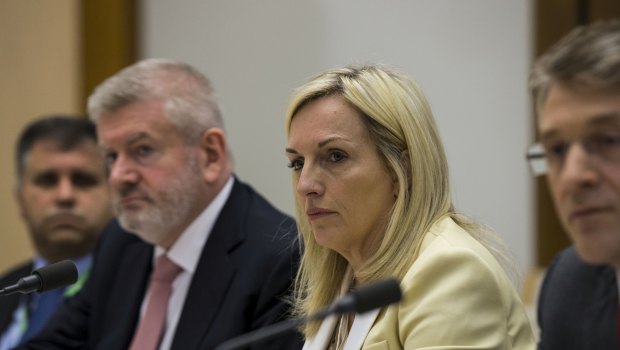 Australia Post CEO Christine Holgate and Communications Minister Mitch Fifield in Senate Estimates on Tuesday. 