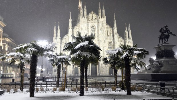 Palm trees are dusted with snow in front of the Gothic Cathedral in Milan.