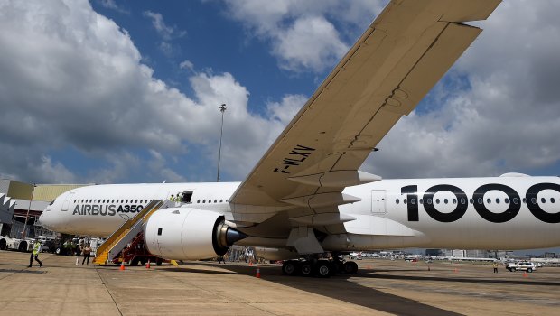 The Airbus A350-1000 at Sydney Airport on Monday. 