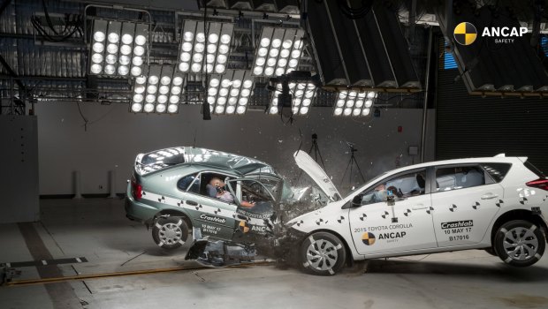 Old versus new: ANCAP crashed a 1998 Toyota Corolla with its 2015 cousin.