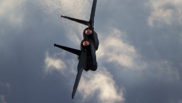 An Israeli Air Force F-15 plane in flight during a graduation ceremony for new pilots in 2016