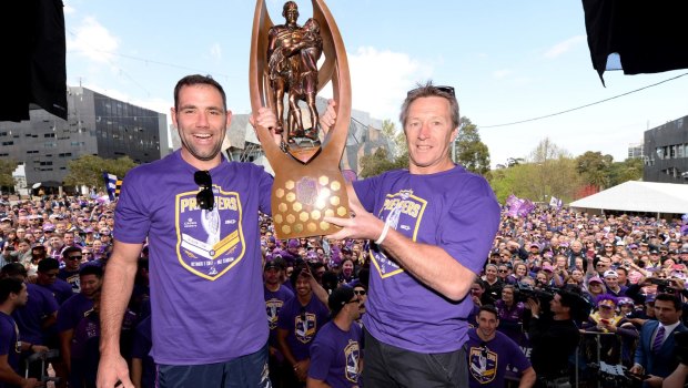 Can they repeat? Storm skipper Cameron Smith and coach Craig Bellamy.