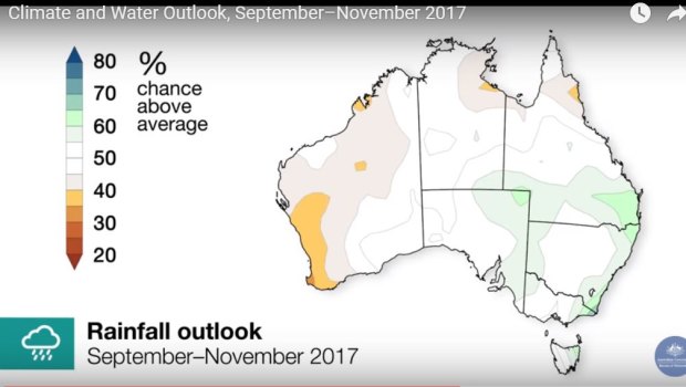 The Bureau of Meteorology says there is a 60 per cent chance of higher rainfall until November 2017.