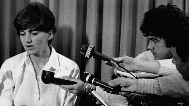 Sydney journalist Kate Webb who whilst in Cambodia was captured and then released by the Vietcong, at a press conference in Sydney on 12 May 1971.