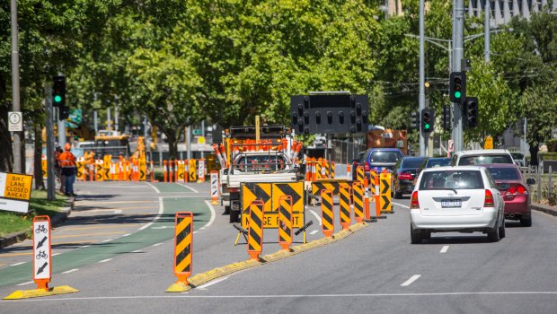 St Kilda Road has been cut to just one lane in each direction near the Shrine of Remembrance. 