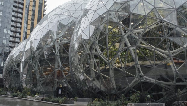 The Spheres at Amazon's newly opened headquarters in Seattle, featuring more than 40,000 plants and spaces for its workers to meet and think.