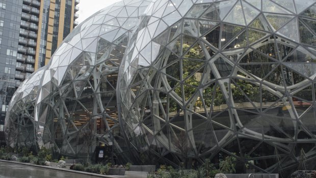 The Spheres at Amazon's newly opened headquarters in Seattle, featuring more than 40,000 plants and spaces for its workers to meet and think.