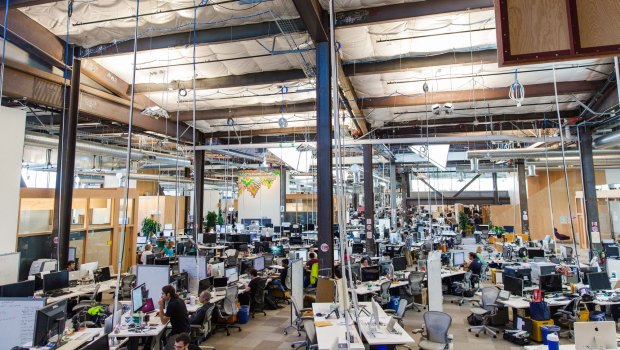 Employees inside Facebook's Menlo Park, California, office, which may be the longest continuous work space in the world.