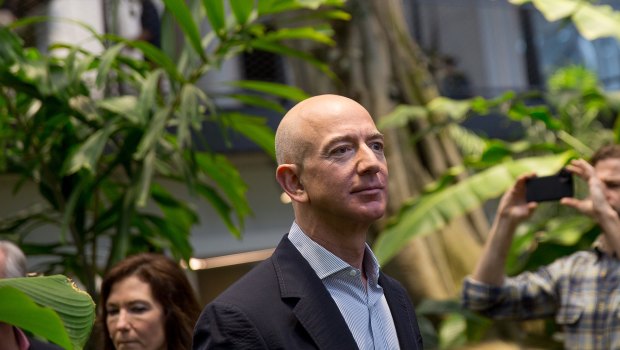 Jeff Bezos at the Spheres, a tropical gathering and work place at the company's campus in Seattle, in January.