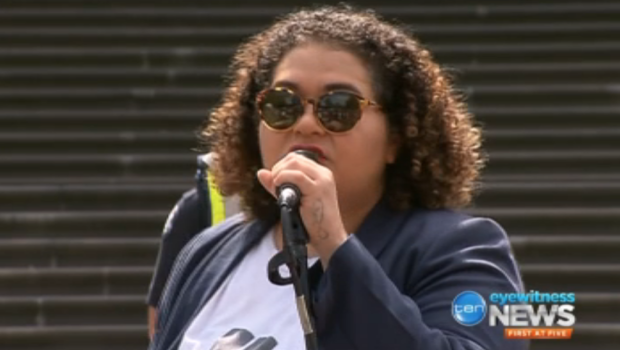 Tarneen Onus-Williams speaks at the 'invasion day' rally 