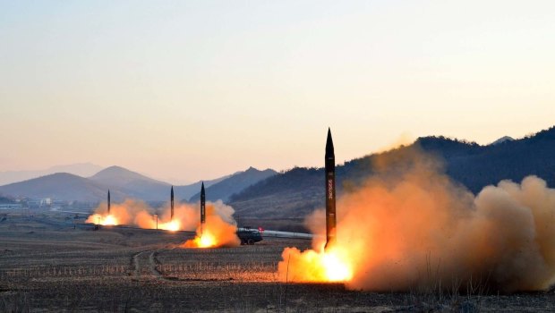 Four extended range Scud missiles lift off from their mobile launchers in North Pyongan Province, North Korea. 
