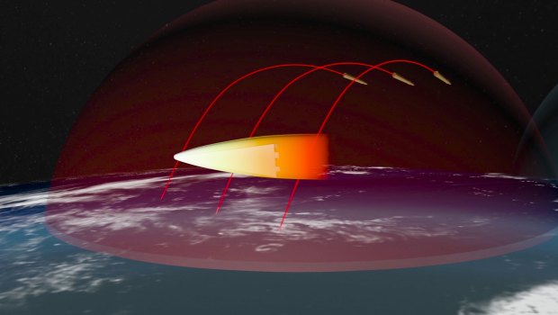 A computer simulation shows the Avangard hypersonic vehicle maneuvering to bypass missile defences en route to target.