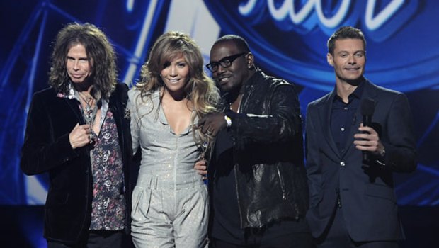 Judges Steven Tyler, Jennifer Lopez ,Randy Jackson and host Ryan Seacrest.