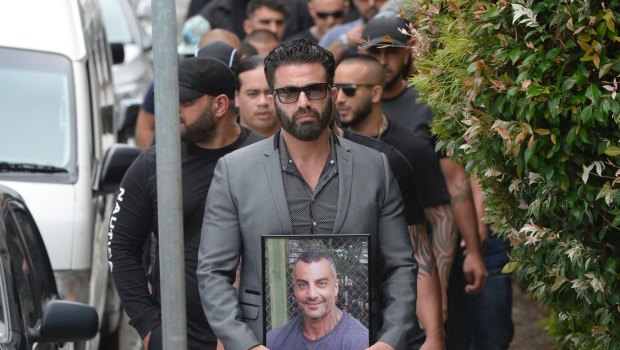 Mourners at the funeral of ex-bikie boss Mahmoud 'Mick' Hawi on Thursday.
