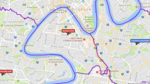 Map shows Brisbane State High School's catchment for 2018
