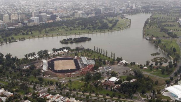 Aerial view Albert Park Lake, the site of the Melbourne Formula One Grand Prix.