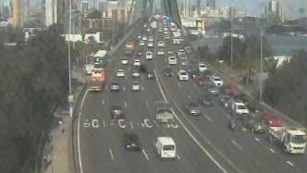 The bus on Anzac Bridge on Friday afternoon.