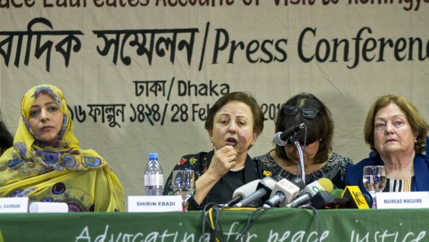 Nobel Peace laureates, from left, Yemen's Tawakkol Karman, Iran's Shirin Ebadi and Ireland's Mairead Maguire last month accused Aung San Suu Kyi and the nation's military of genocide.
