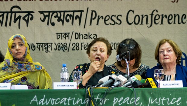 Nobel Peace laureates, from left, Yemen's Tawakkol Karman, Iran's Shirin Ebadi and Ireland's Mairead Maguire last month accused Aung San Suu Kyi and the nation's military of genocide.