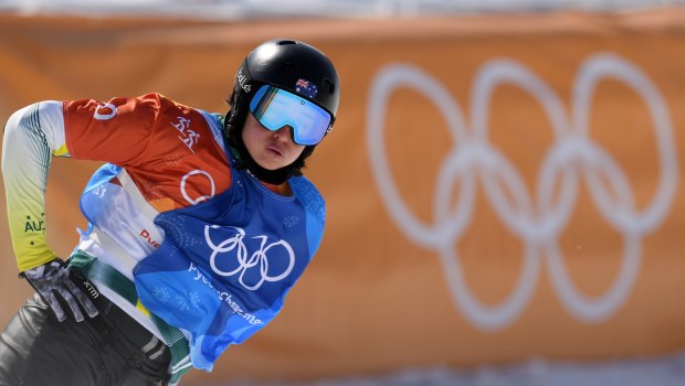Cruel twist of fate: Belle Brockhoff crosses the finish line in the quarter-final round of the women's snowboard cross.