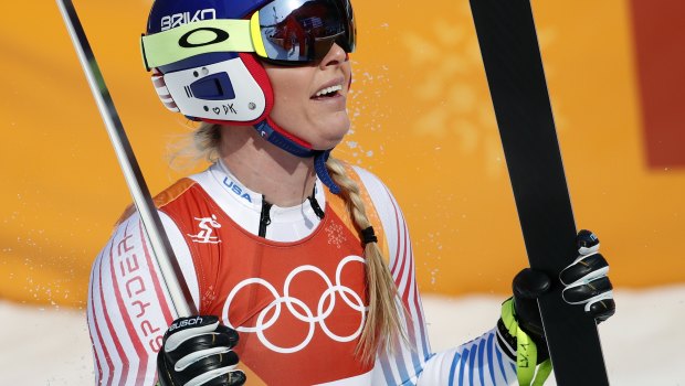 Lindsey Vonn reacts as she crosses the finish line.