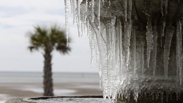 Icicles hang from the fountain at Beau View condominiums in Biloxi, Mississippi. 