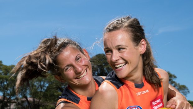 Happy times: Alicia Eva (right) with Giants teammate Jessica Dal Pos.