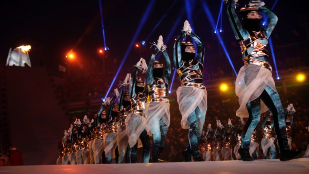 Dancers perform at the end of the opening ceremony of the 2018 Winter Olympics in Pyeongchang, South Korea.