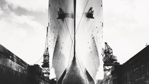 Canberra's bulbous bow photographed in Southamton's King George V dock