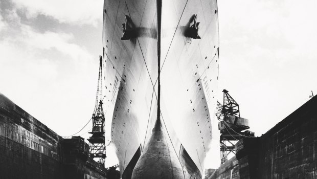 Canberra's bulbous bow photographed in Southamton's King George V dock